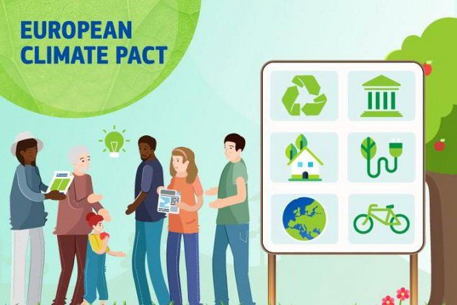 Dessin de personnes adultes et enfants qui discutent à côté d'un panneau qui représente la Terre, un vélo, une maison, une feuille... Plusieurs petites icônes vertes. Un grand rond en haut à gauche indique le titre : European Climate Pact.