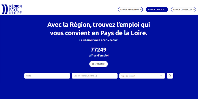 Région Pays de la Loire. Espace recruteur. Espace candidat. Espace conseiller. Avec la Région, trouvez l'emploi qui vous convient en Pays de la Loire. La Région vous accompagne. 77 252 offres d'emploi. Je m'inscris ! Post. Lieu (ex : Nantes, Sarthe,...). Type de contrat.